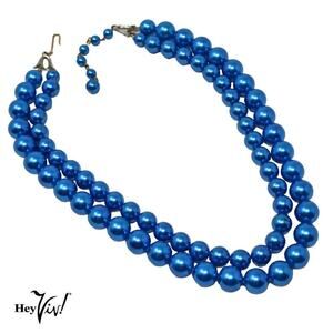 Vintage 1950s 2 Strand Bead Necklace w Metallic Blue Finish 18" Long - Hey Viv